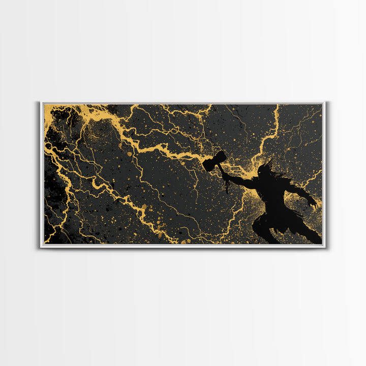 Thor God of Thunder Canvas Art, Canvas Gold Art with Lightning, Norse Mythology Wall Decor, Office Art for Men, framed in real wood