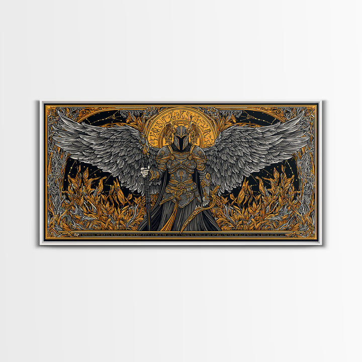 Winged Valkyrie Warrior Canvas Art, Canvas Gold Art Norse Decor, Nordic Mythology Office Art for Men, framed with real wood detail
