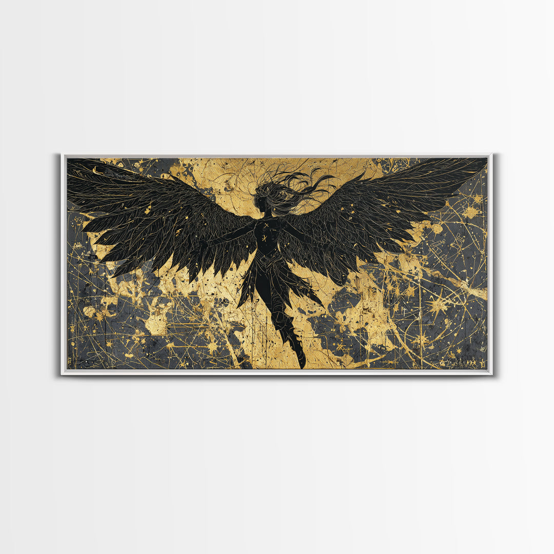 Valkyrie Canvas Gold Art Nordic Canvas Art with Real Wood Frame, Norse Mythology Warrior Wall Decor for Office or Man Cave