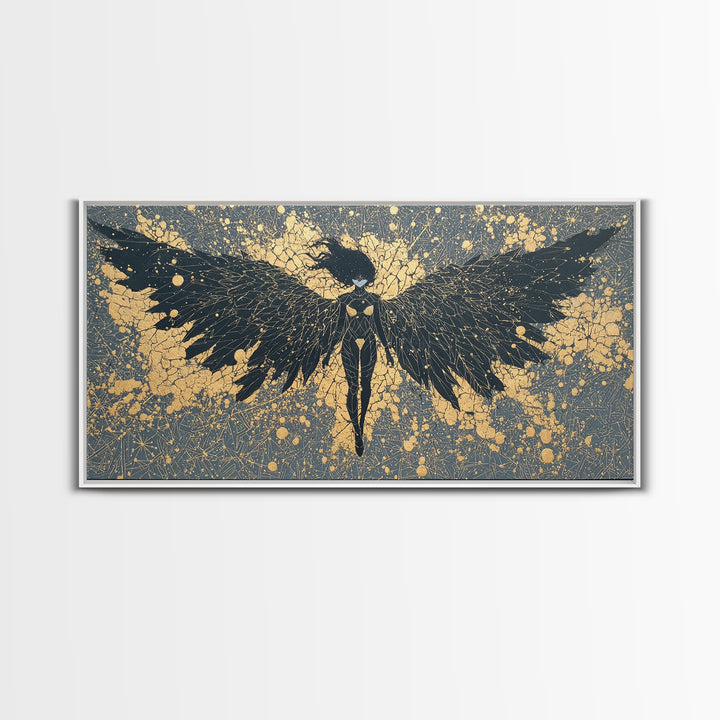 Canvas Art Valkyrie Angel Canvas Gold Art, Norse Mythology Wall Hanging framed in Natural Wood, Dad Gift or Office Decor