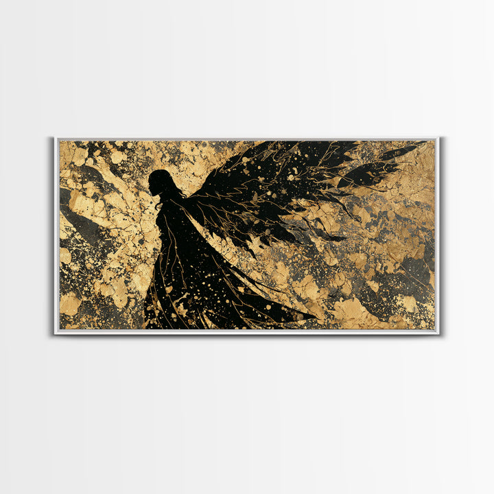 Valkyrie Canvas Gold Art, Norse Mythology Canvas Art Warrior Woman, Nordic Decor for Office or Man Cave, framed in natural wood