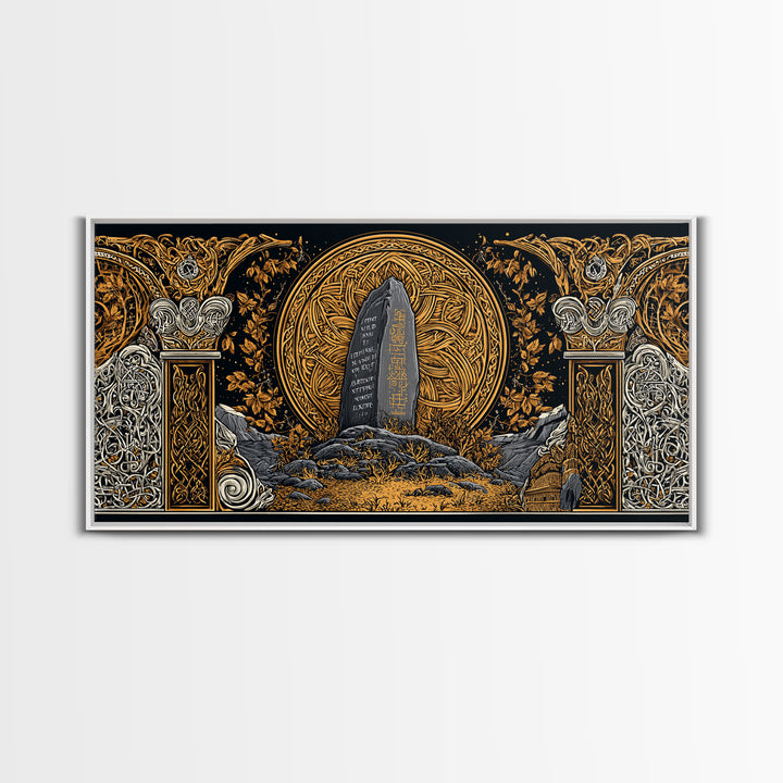 Viking Helmet Canvas Gold Art Canvas Art, Norse Warrior Helmet Decor framed in Natural Wood, Nordic Office or Dad Gift Wall Art