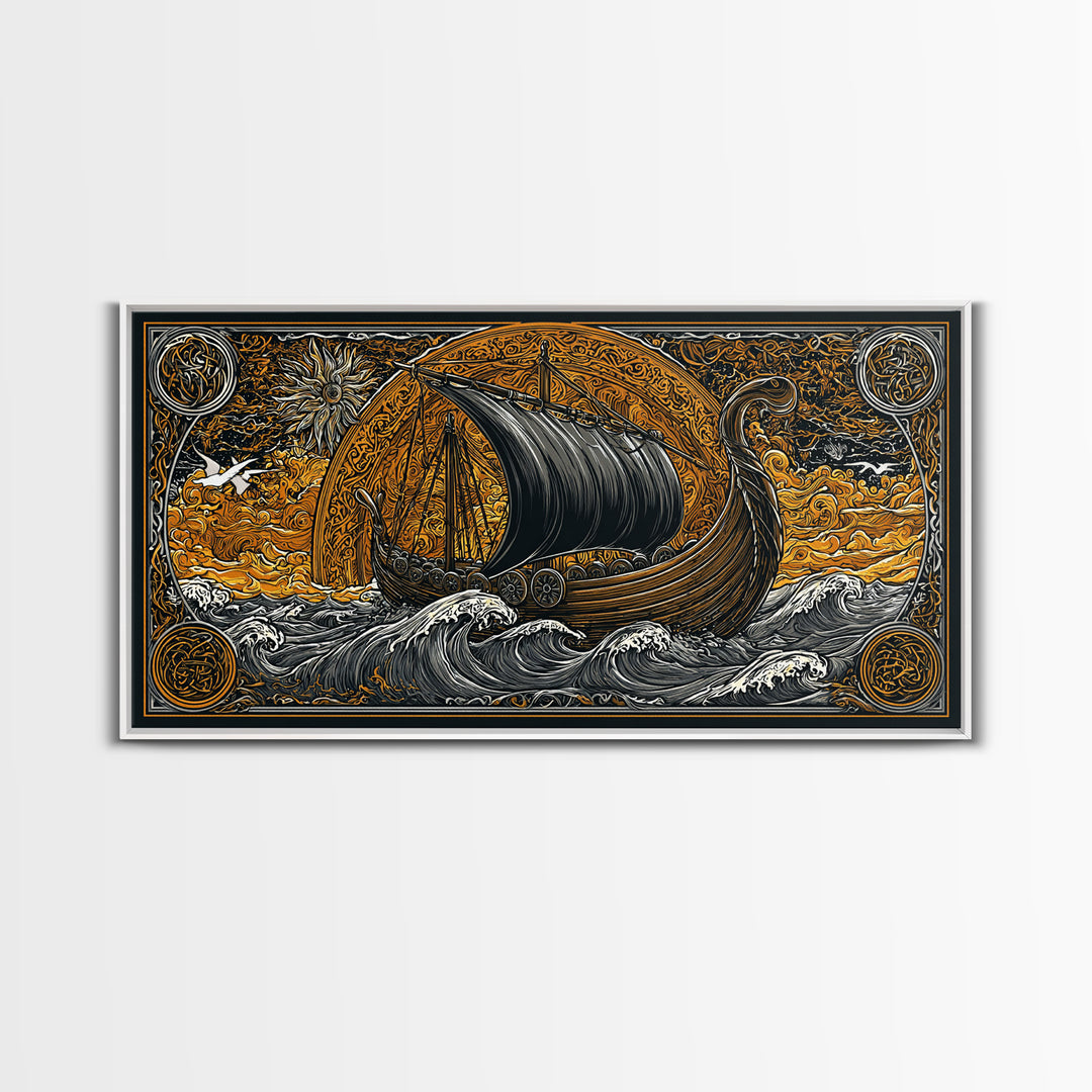 Viking Ship Canvas Gold Art Canvas Art, Norse Longboat Sailing Wall Decor with Real Wood Frame, Nordic Mythology Office Artwork