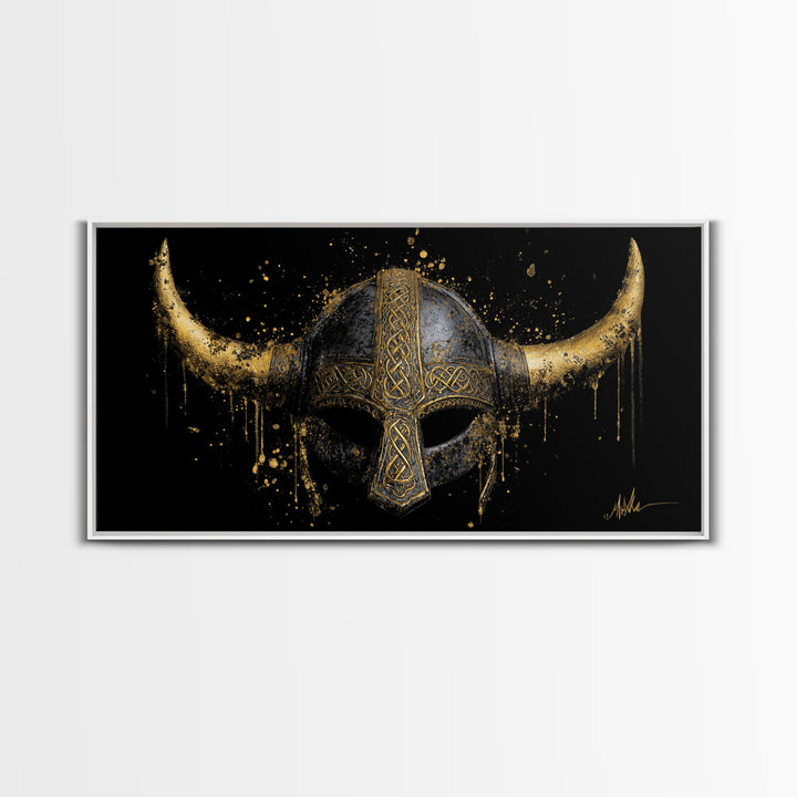 Nordic Valkyrie Canvas Gold Art Canvas Art, Norse Goddess Warrior Silhouette with Wings, Man Cave Wall Art in Real Wood Frame