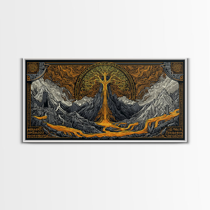 Yggdrasil Canvas Gold Art Canvas Art, Norse World Tree of Life Wall Decor framed in Natural Wood, Nordic Mythology Office Artwork
