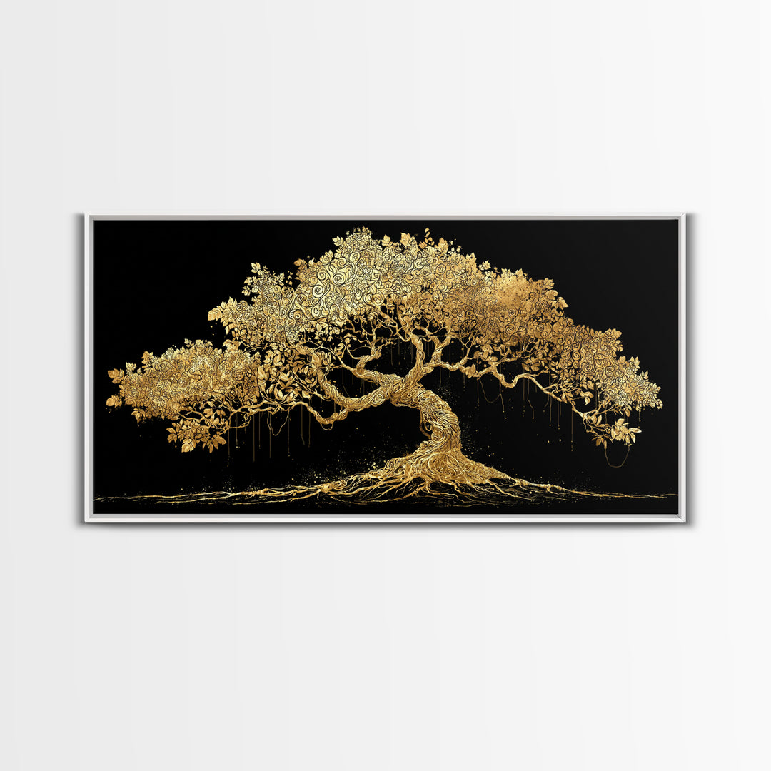 Canvas Art Yggdrasil Canvas Gold Art, Norse Tree of Life Wall Hanging with Real Wood Frame, Nordic Mythology Man Cave or Dad Gift