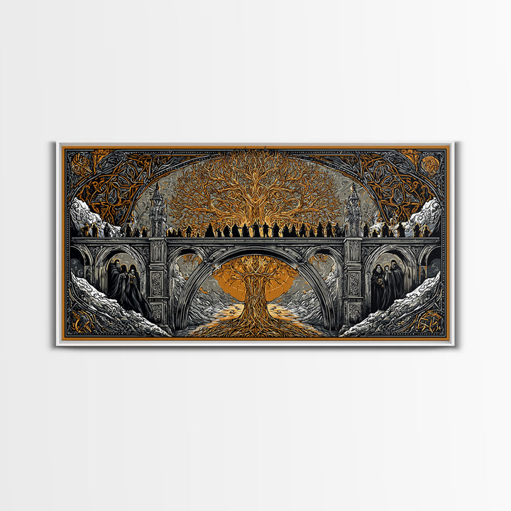 Yggdrasil Bridge Nordic Mythology Wall Decor | Canvas Gold Art Canvas Art | Norse Gods Fantasy Scene framed in real wood