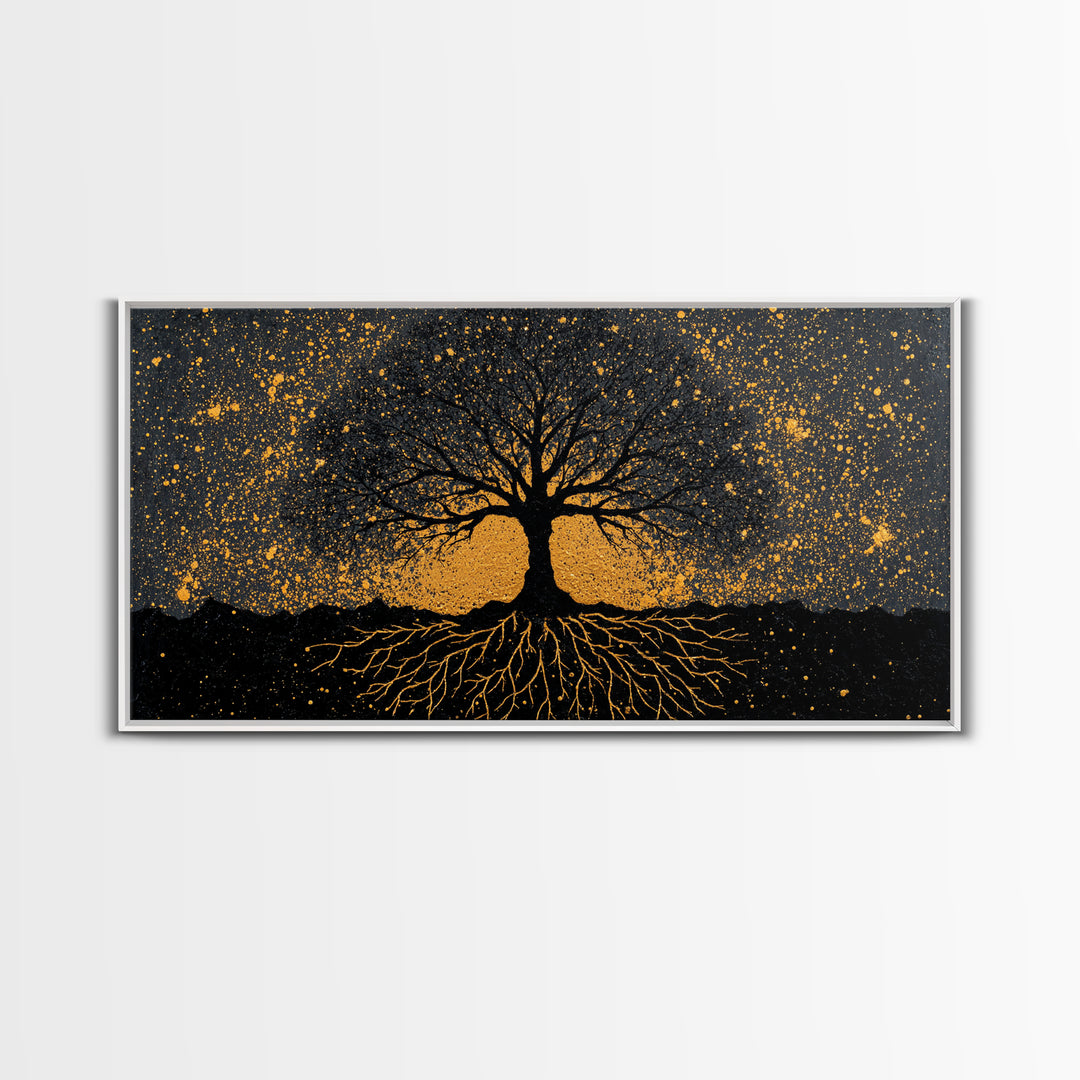 Viking Funeral Canvas Gold Art Canvas Art, Norse Longship Silhouette Wall Decor framed in Natural Wood, Nordic Mythology Artwork