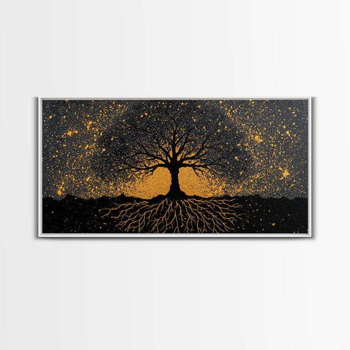 Viking Funeral Canvas Gold Art Canvas Art, Norse Longship Silhouette Wall Decor framed in Natural Wood, Nordic Mythology Artwork