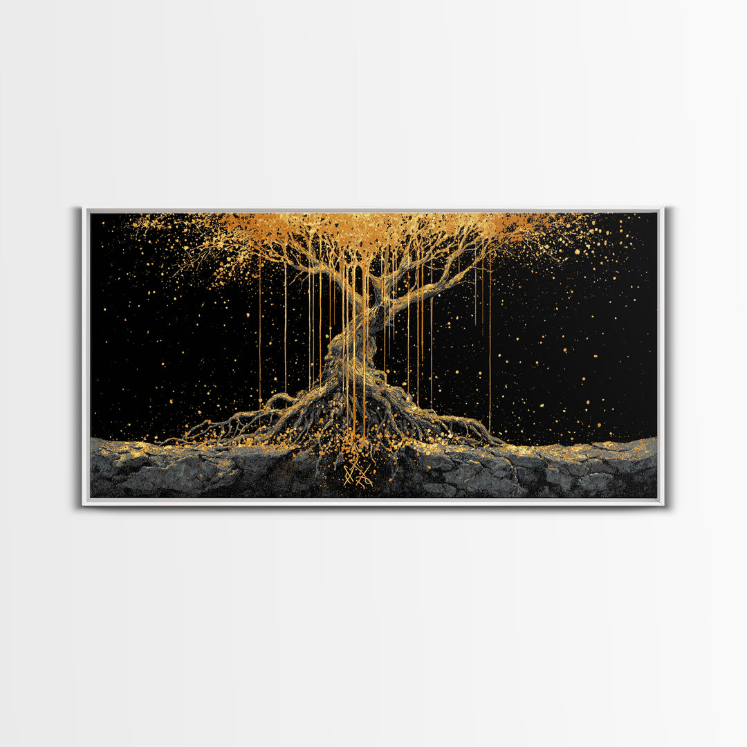 Norse Yggdrasil Tree of Life Canvas Gold Art Canvas Art | Nordic Mythology Office Wall Decor Man Cave Gift in natural wood frame