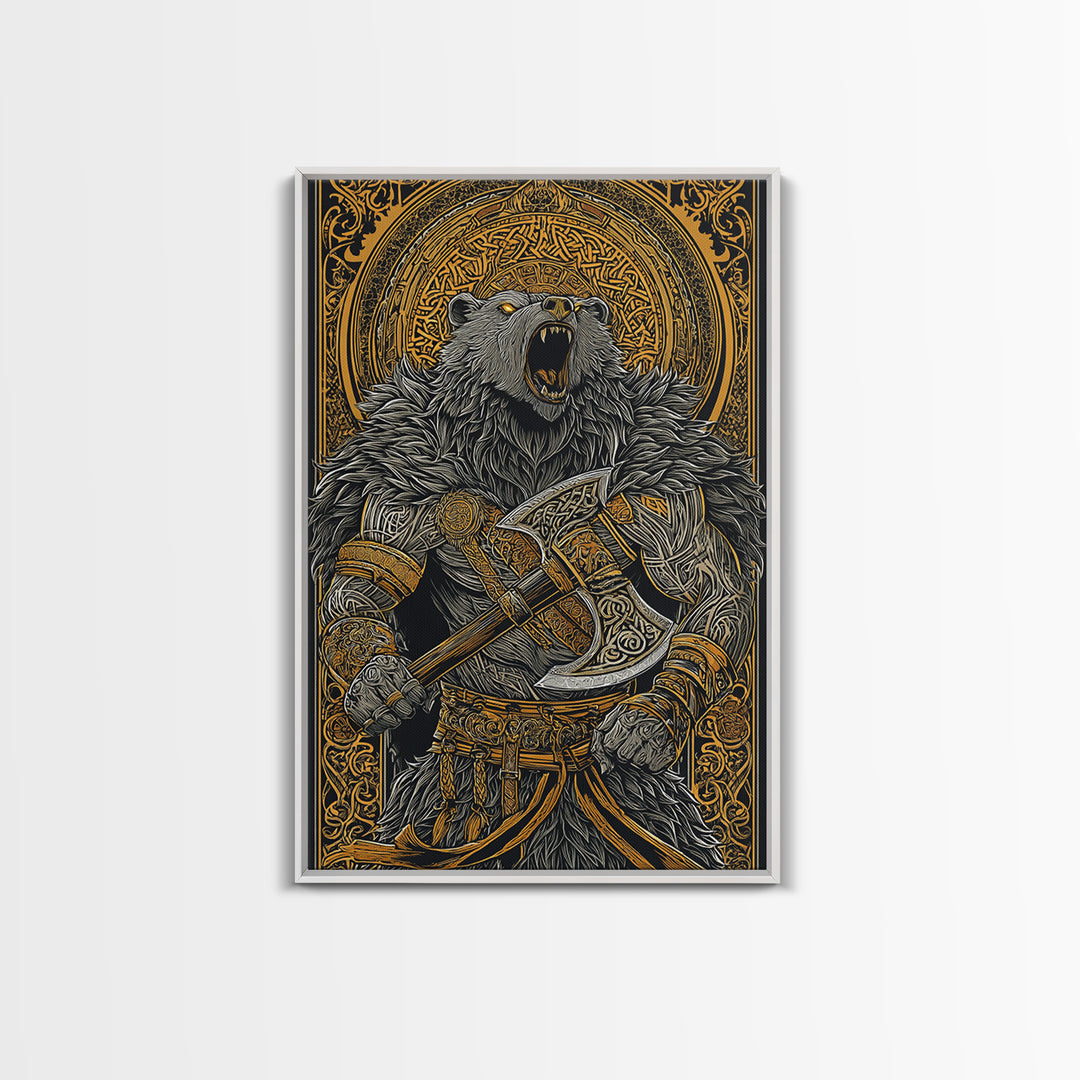 Nordic Bear Warrior Canvas Gold Art Canvas Art | Viking Mythology Wall Decor for Office or Man Cave | Framed in Natural Wood