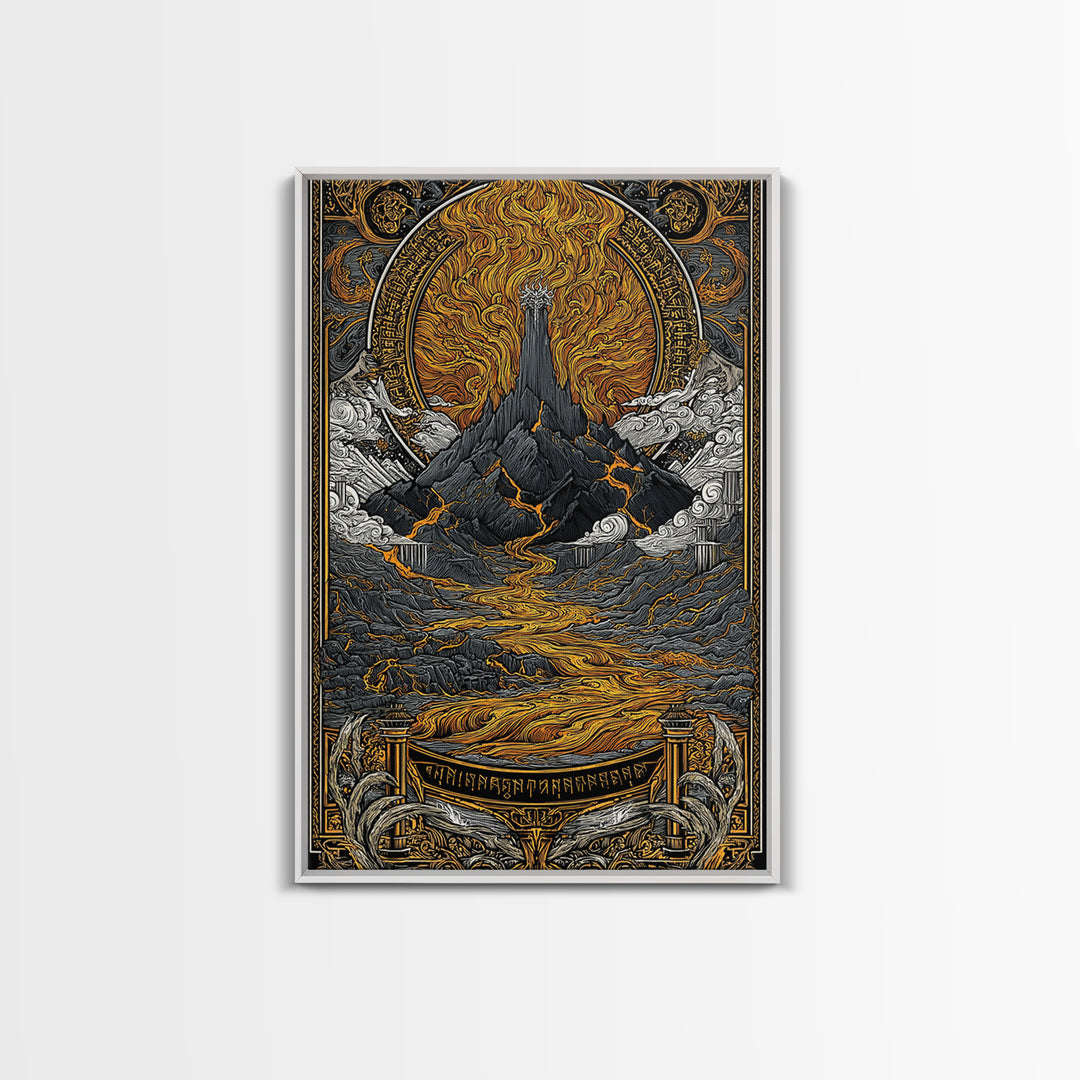 Muspelheim Fire Mountain Canvas Gold Art Canvas Art | Viking Mythology Lava Landscape Wall Art | Natural Wood Frame Included