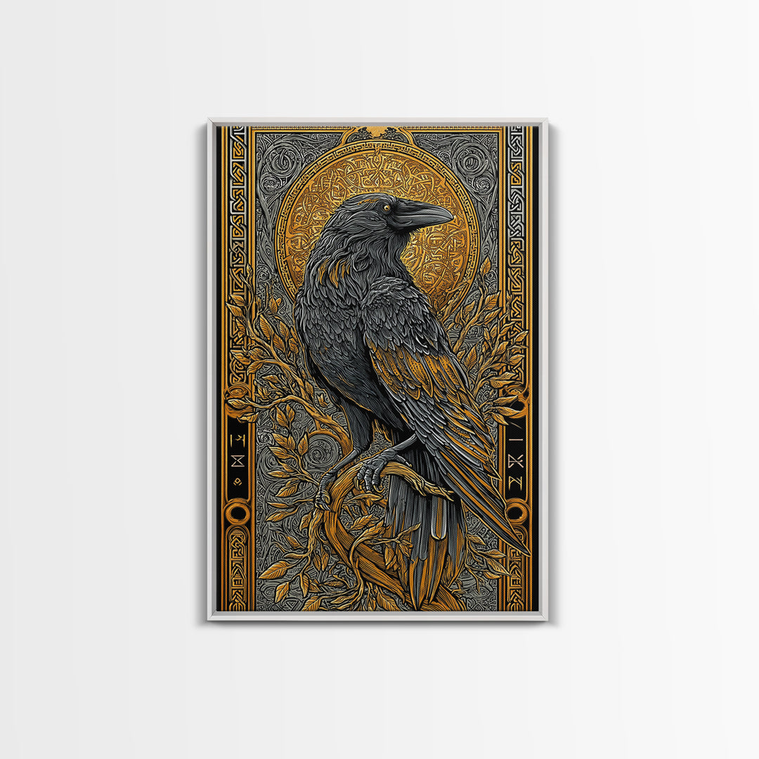 Hugin Raven Canvas Gold Art Canvas Art | Viking Odin Symbol Norse Mythology Decor | Man Cave Wall Art | Framed in Solid Wood