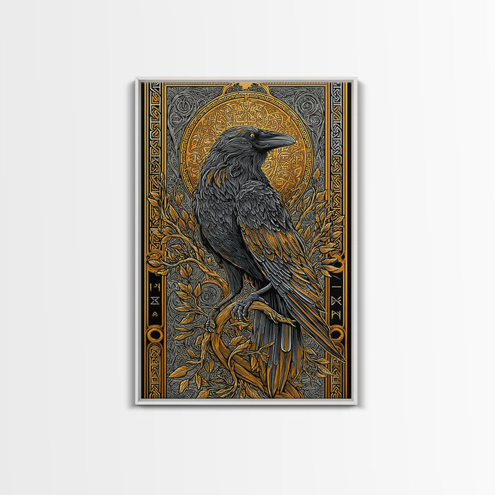 Hugin Raven Canvas Gold Art Canvas Art | Viking Odin Symbol Norse Mythology Decor | Man Cave Wall Art | Framed in Solid Wood