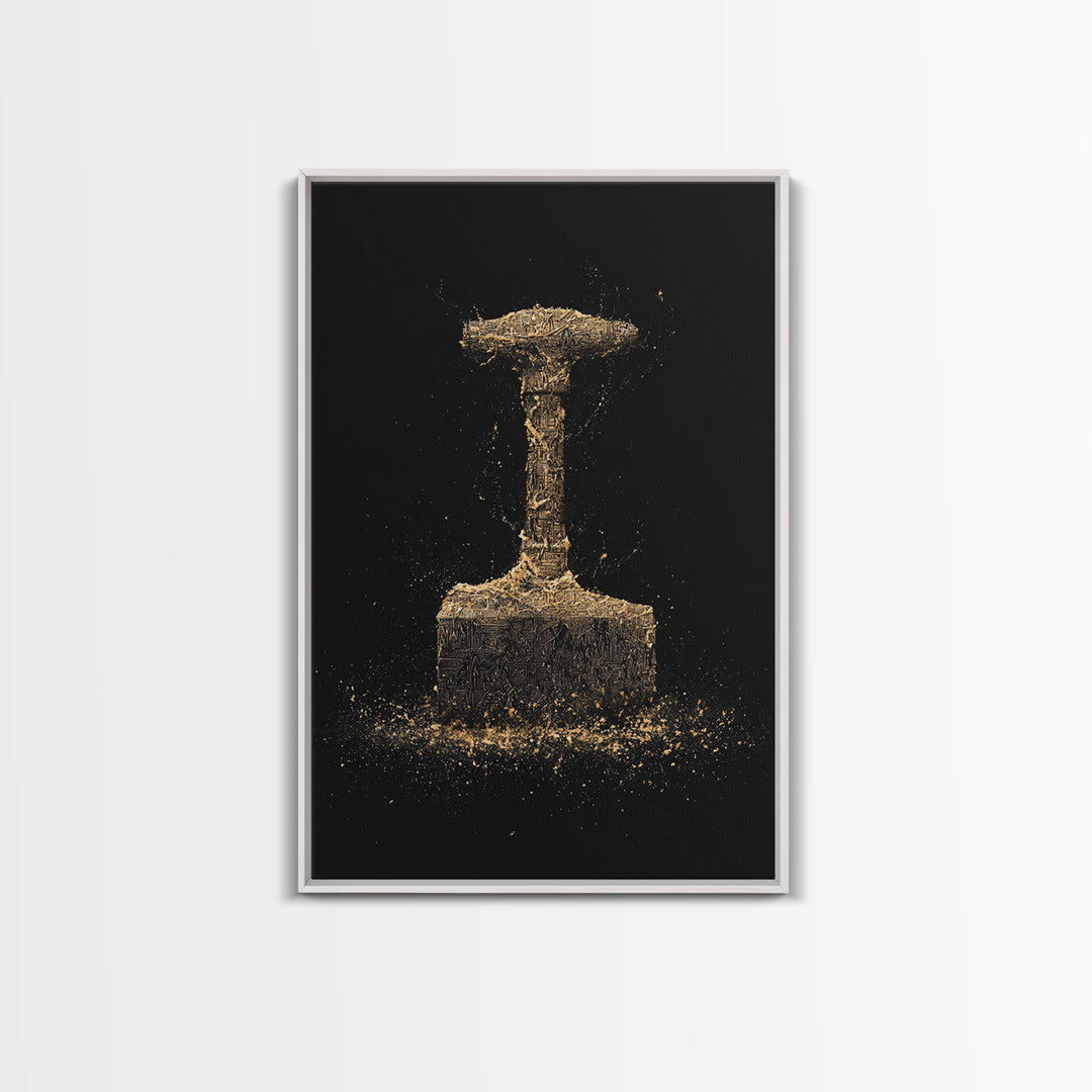 Thor’s Hammer Canvas Gold Art Canvas Art | Norse Mythology Mjölnir Wall Decor Pagan Viking Symbol | Mounted with Real Wood Frame