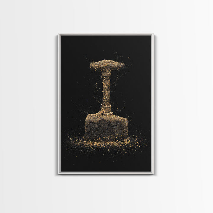 Thor’s Hammer Canvas Gold Art Canvas Art | Norse Mythology Mjölnir Wall Decor Pagan Viking Symbol | Mounted with Real Wood Frame