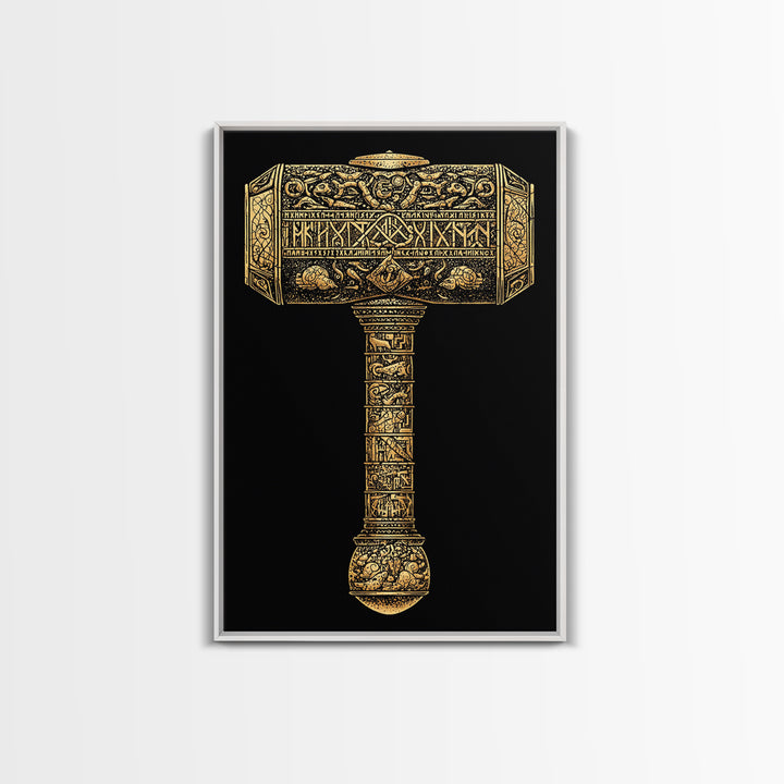 Viking Mjölnir Hammer Canvas Gold Art Canvas Art | Nordic Mythology Pagan Symbol Wall Art Dad Gift | Office Decor in Wood Frame