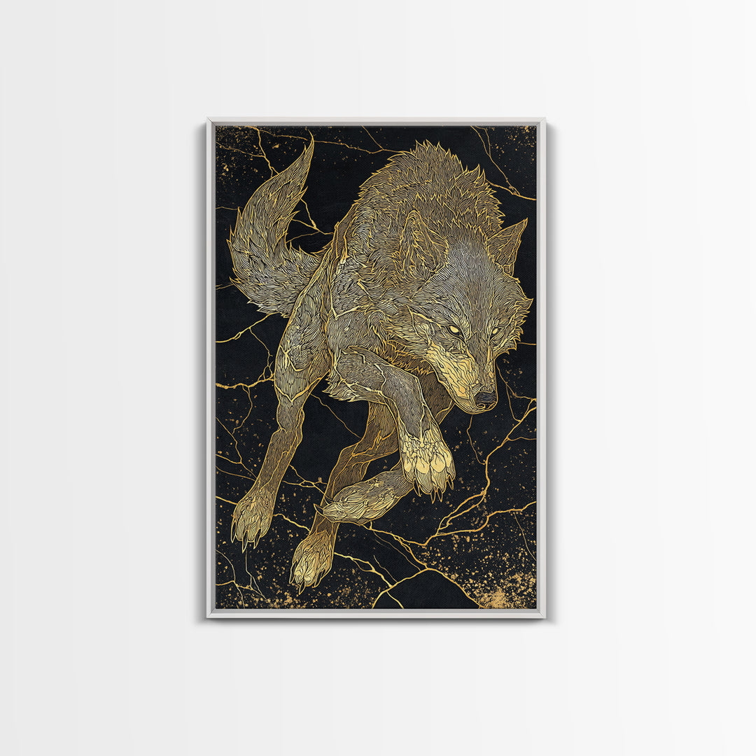 Fenrir Wolf Canvas Gold Art Canvas Art | Norse Mythology Beast Wall Art for Office Decor or Dad Gift | Framed in Real Wood