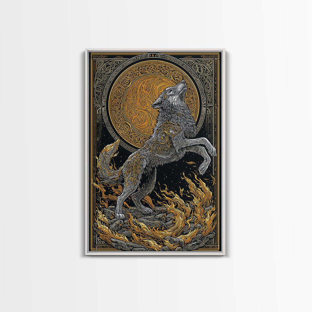 Mythic Wolf Spirit Canvas Gold Art Canvas Art | Norse Viking Wall Art Pagan Symbol Decor for Man Cave | Set with Natural Wood Frame