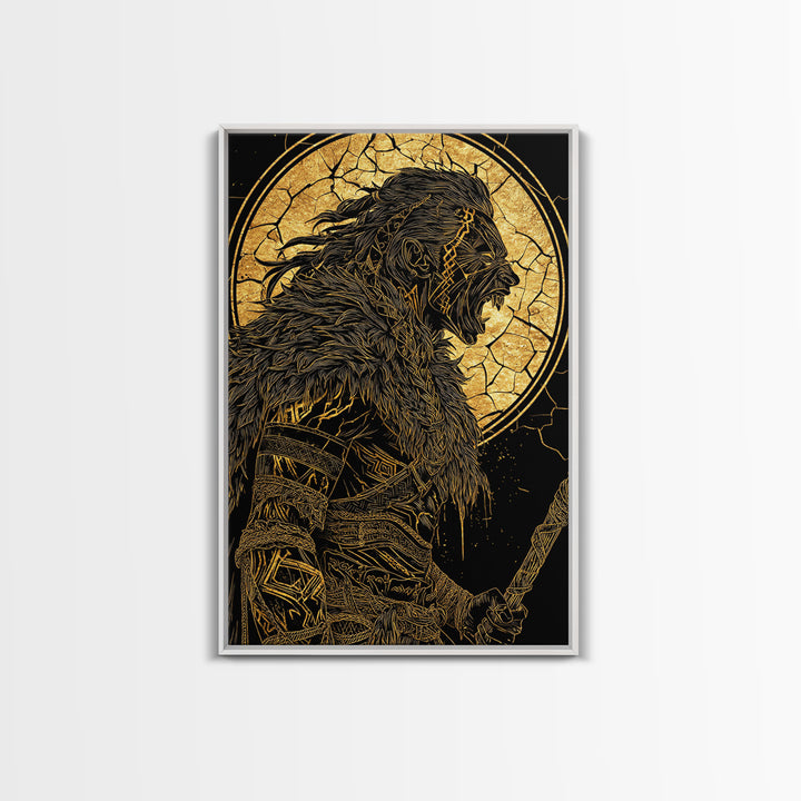 Fierce Viking Berserker Canvas Gold Art Canvas Art | Norse Mythology Warrior Wall Art Dad Gift | Mounted with Real Wood Frame