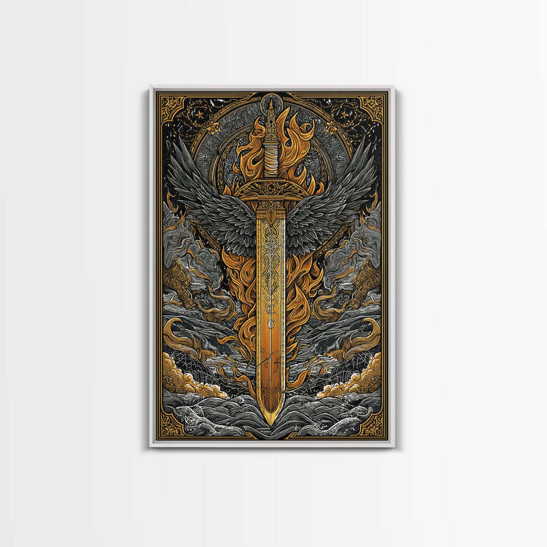 Valkyrie Sword Canvas Gold Art Canvas Art | Norse Mythology Weapon Wall Decor Viking Warrior Art | Mounted in Solid Wood Frame