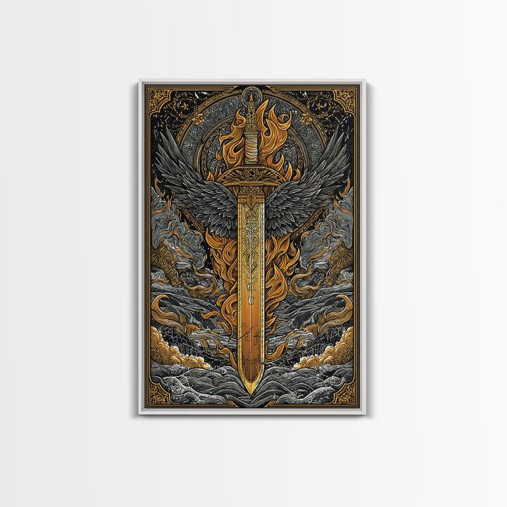 Valkyrie Sword Canvas Gold Art Canvas Art | Norse Mythology Weapon Wall Decor Viking Warrior Art | Mounted in Solid Wood Frame