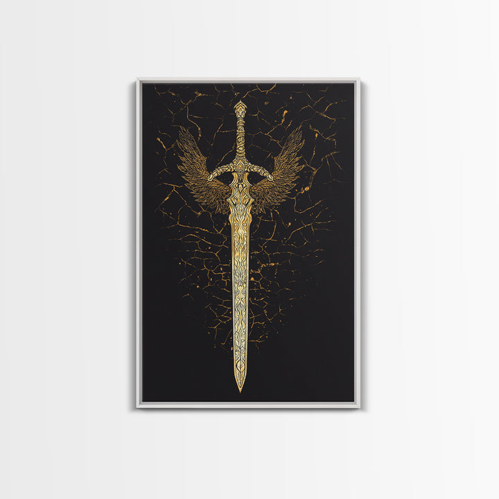 Winged Viking Sword Canvas Gold Art Canvas Art | Norse Mythology Weapon Wall Decor for Man Cave or Office | Framed in Real Wood