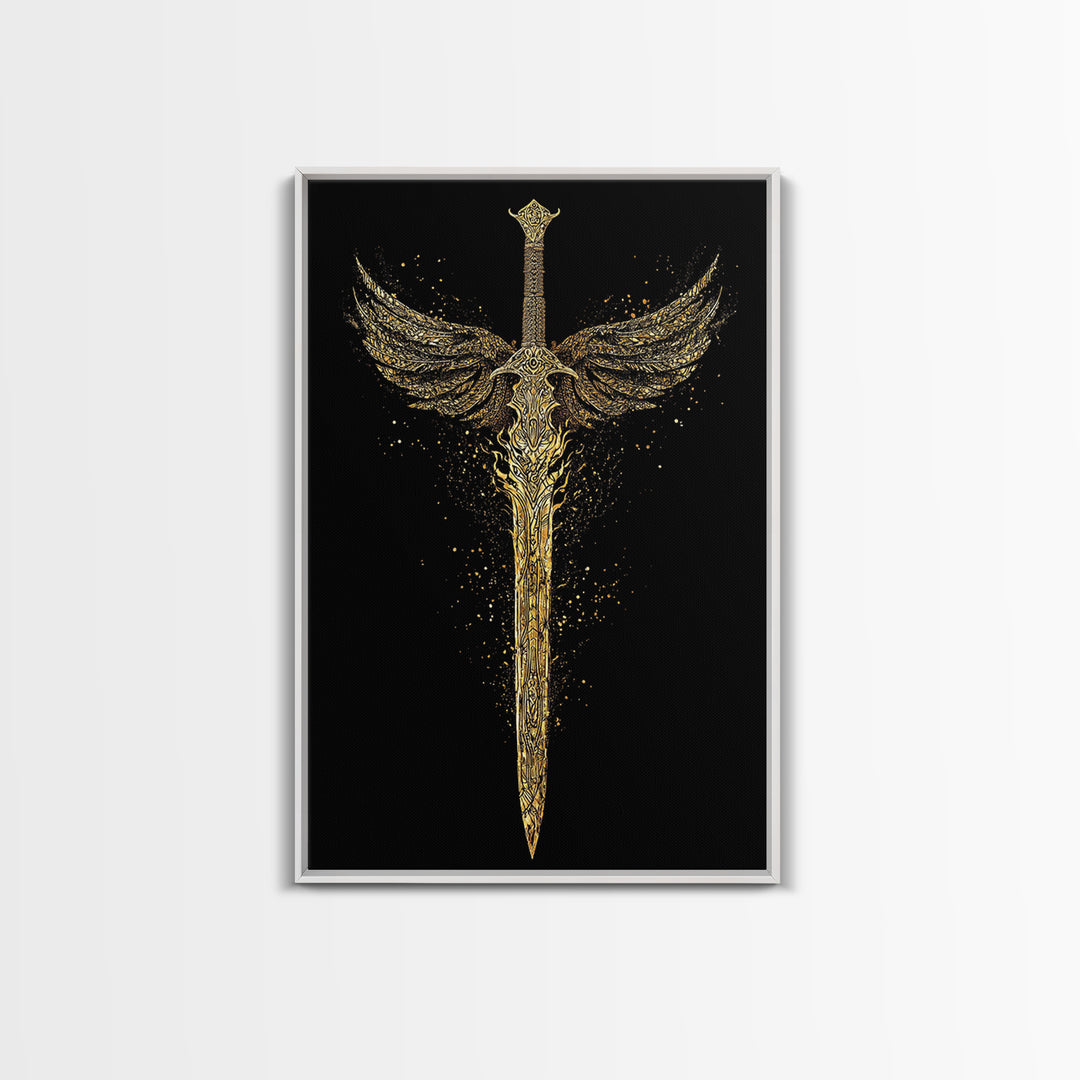 Norse Angelic Sword Canvas Gold Art Canvas Art | Viking Warrior Weapon Wall Art Dad Gift | Mounted with Solid Natural Wood Frame
