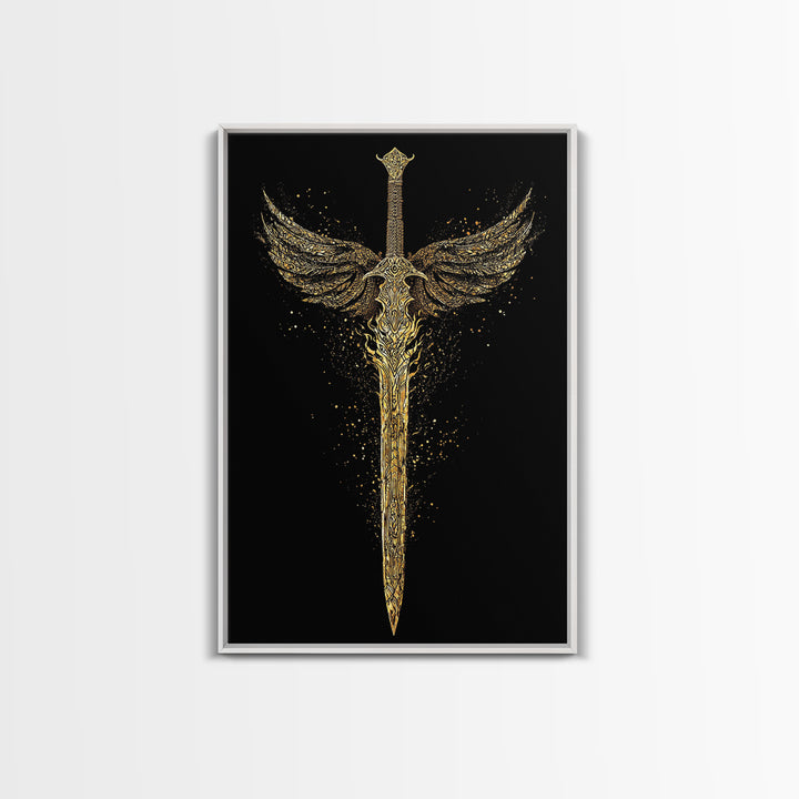 Norse Angelic Sword Canvas Gold Art Canvas Art | Viking Warrior Weapon Wall Art Dad Gift | Mounted with Solid Natural Wood Frame