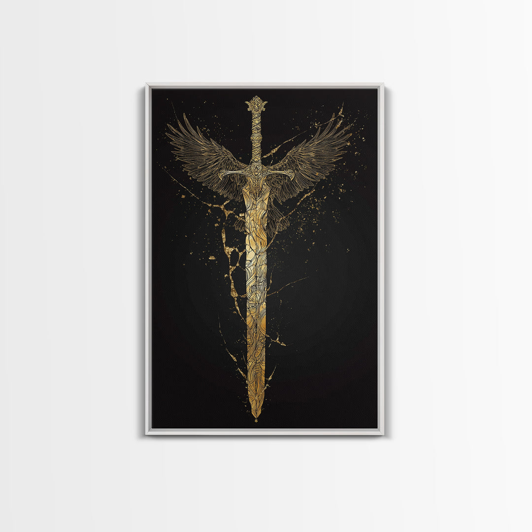 Mythic Sword of Odin Canvas Gold Art Canvas Art | Norse Viking Weapon Wall Decor Pagan Symbol | Office Art in Real Wood Framing