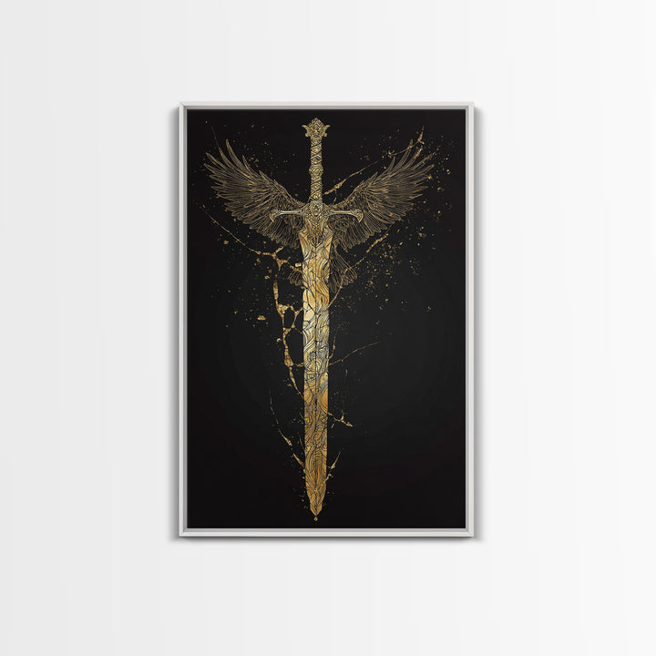Mythic Sword of Odin Canvas Gold Art Canvas Art | Norse Viking Weapon Wall Decor Pagan Symbol | Office Art in Real Wood Framing
