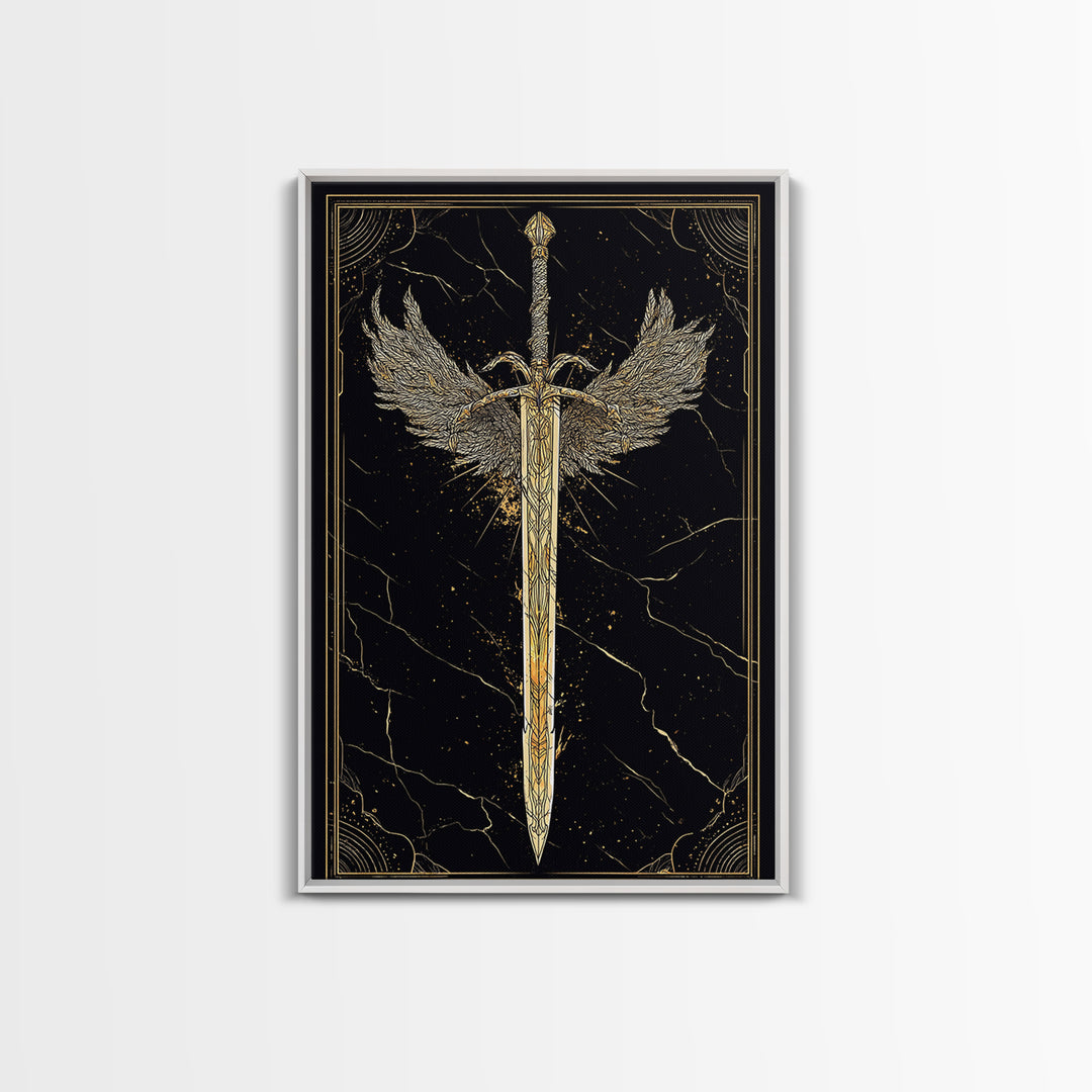 Winged Blade Canvas Gold Art Canvas Art | Norse Mythology Sword Wall Art Pagan Decor Dad Gift | Natural Wood Frame for Office