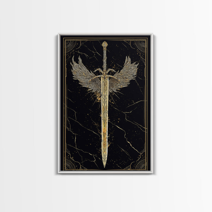 Winged Blade Canvas Gold Art Canvas Art | Norse Mythology Sword Wall Art Pagan Decor Dad Gift | Natural Wood Frame for Office