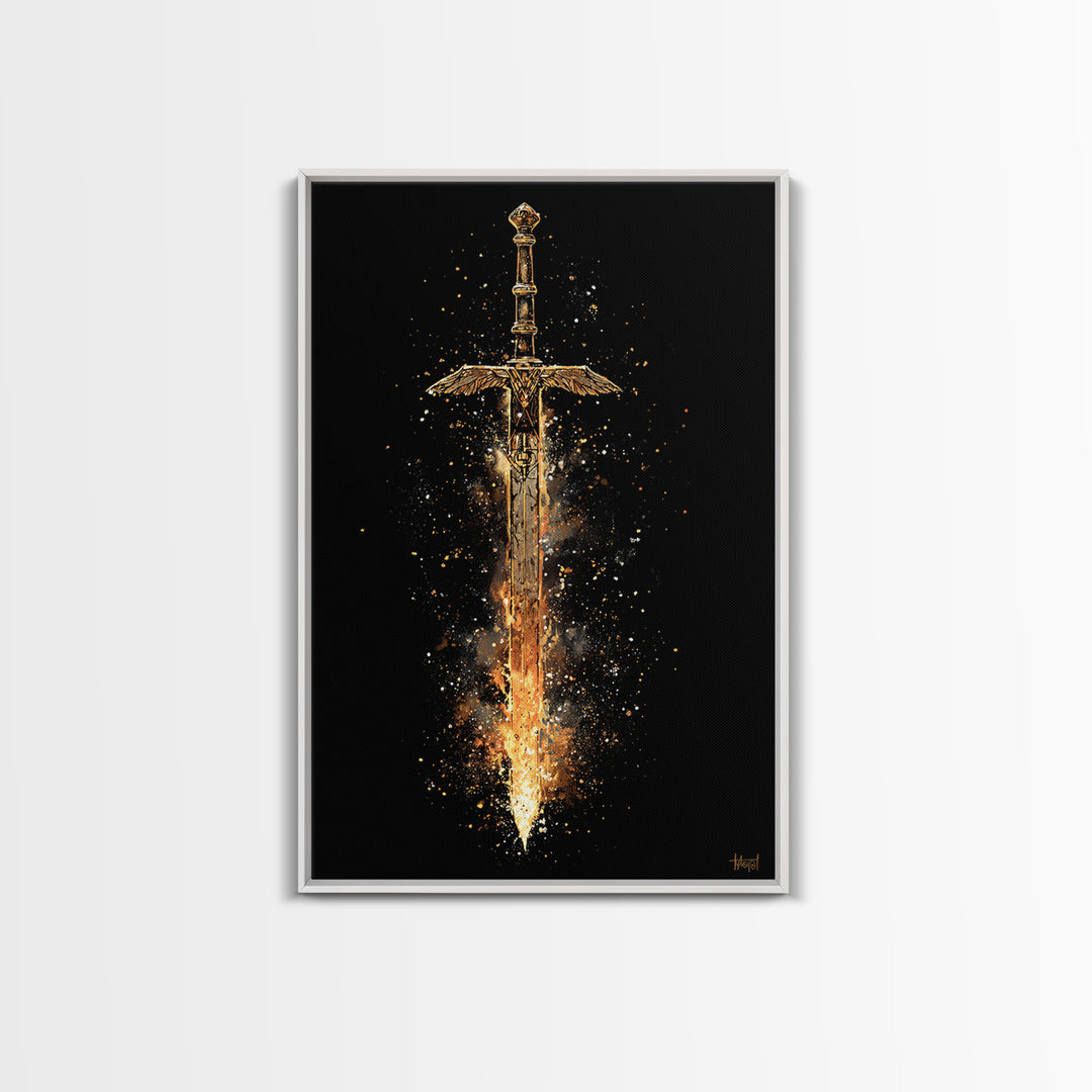 Fiery Sword of the Gods Canvas Gold Art Canvas Art | Viking Weapon Wall Decor Norse Mythology Art | Framed in Authentic Wood