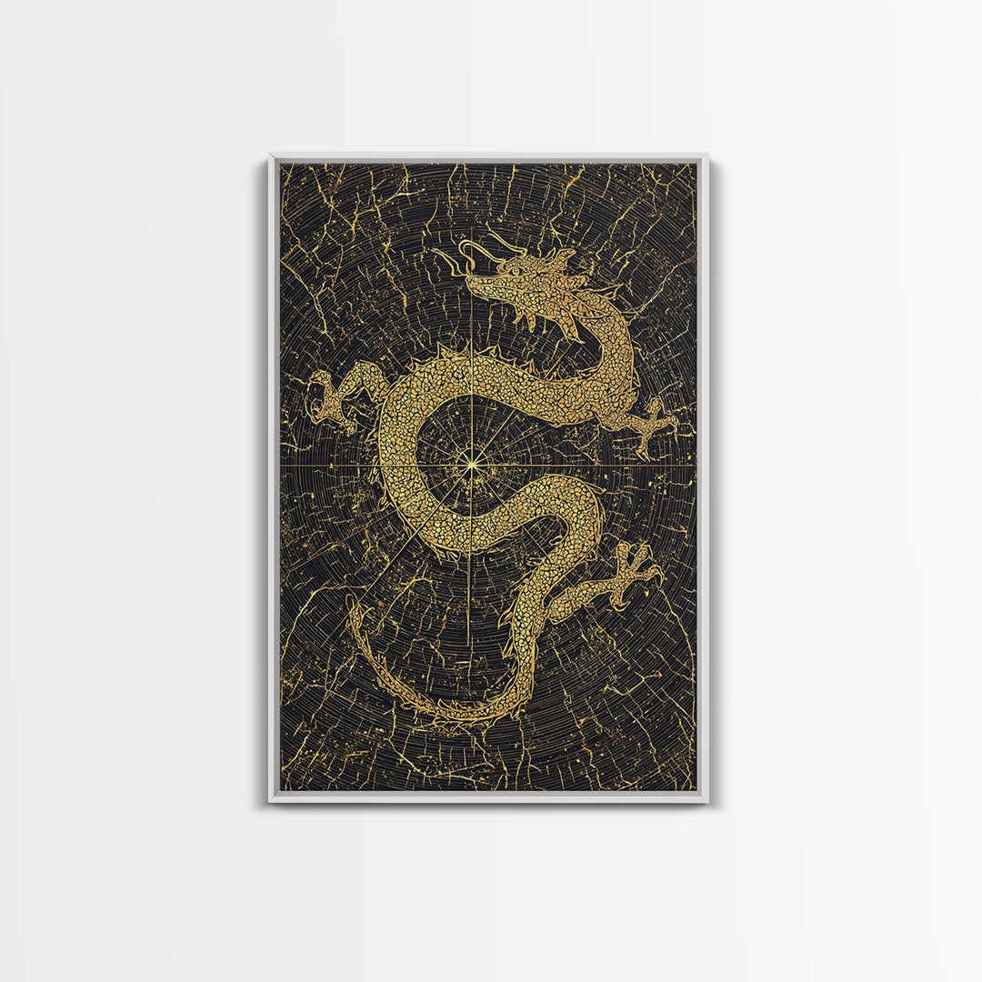 Dragon of Midgard Canvas Gold Art Canvas Art | Norse Mythology Serpent Jormungandr Wall Decor | Office Art with Real Wood Frame