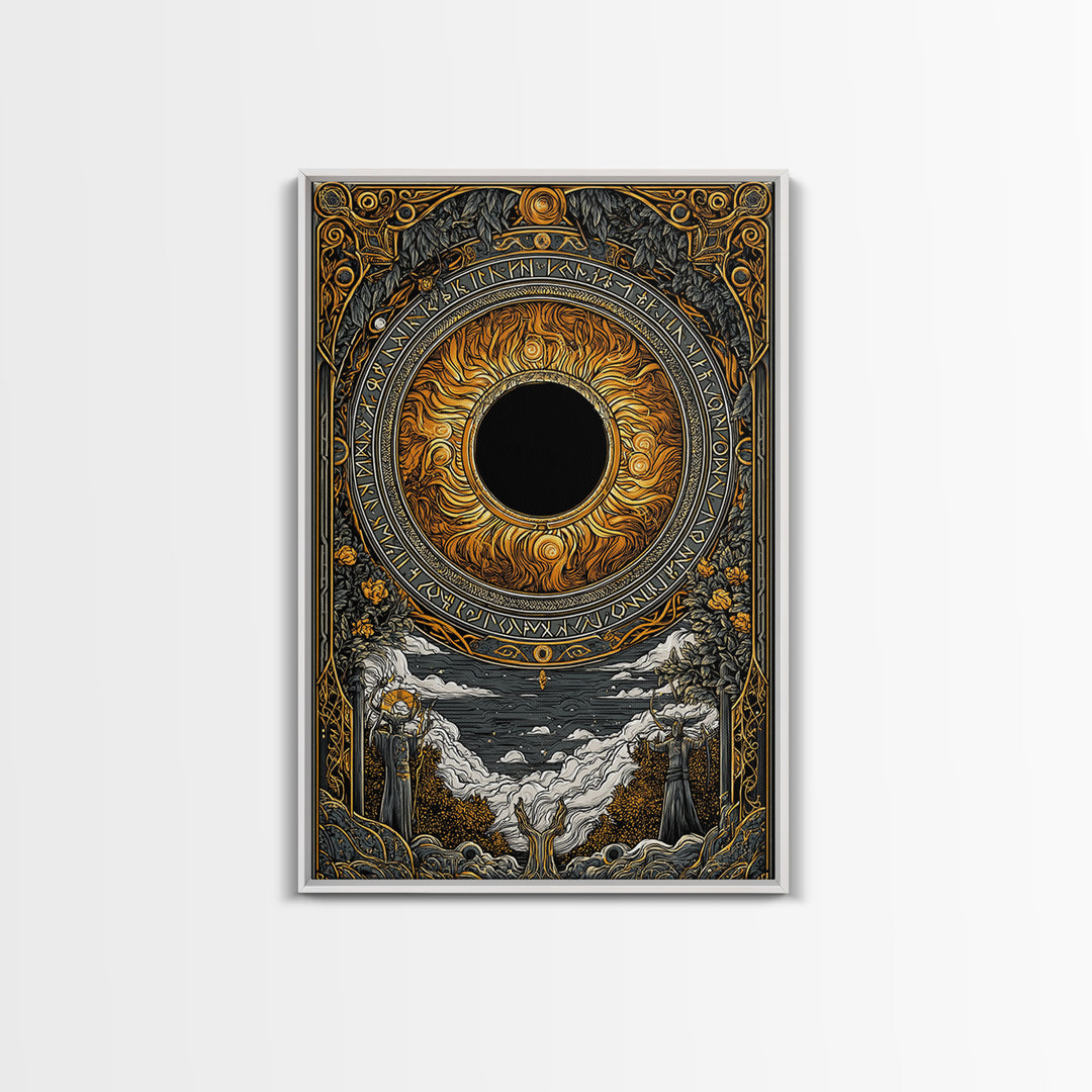 Solar Eclipse Nordic Canvas Gold Art Canvas Art | Viking Pagan Wall Decor Mythology Office Art | Mounted in Solid Natural Wood