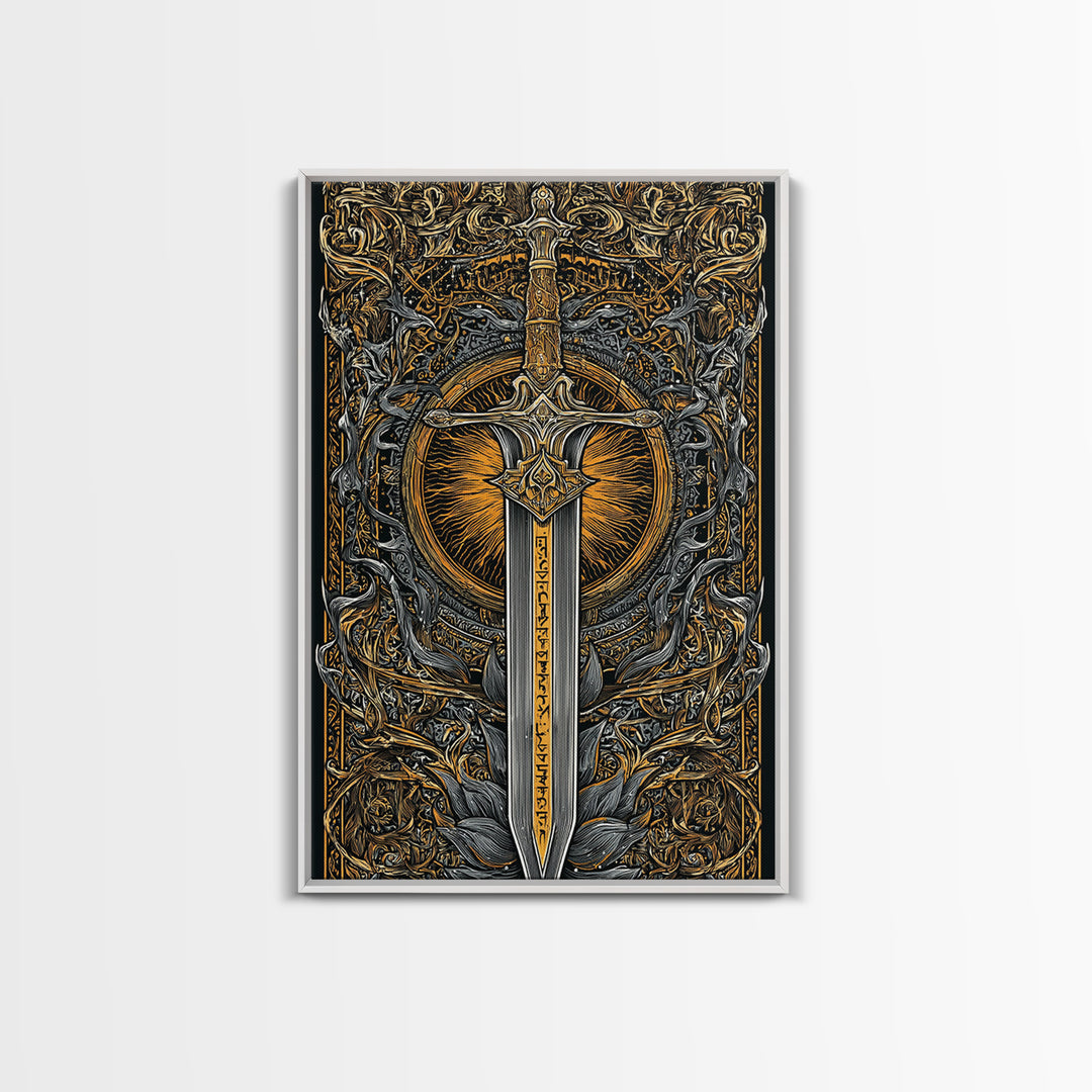 Sword of Asgard Canvas Gold Art Canvas Art | Norse Mythology Warrior Weapon Wall Decor for Dad Gift | Framed with Real Wood