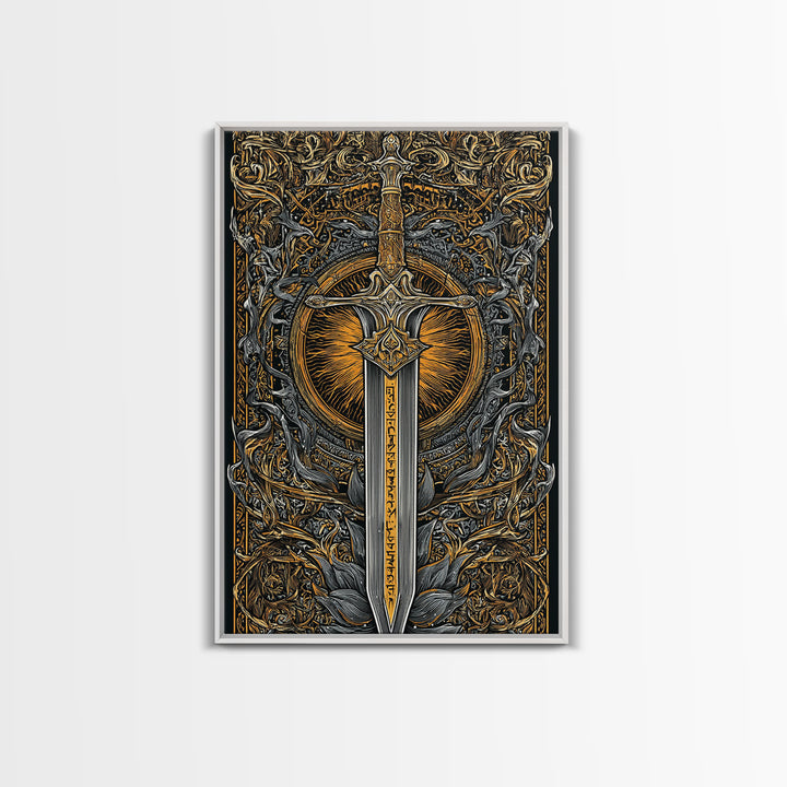 Sword of Asgard Canvas Gold Art Canvas Art | Norse Mythology Warrior Weapon Wall Decor for Dad Gift | Framed with Real Wood