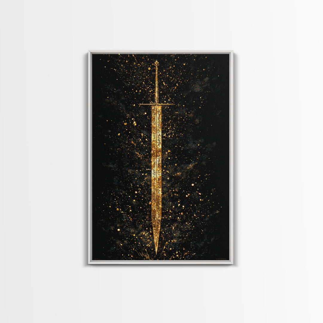 Runic Viking Sword Canvas Gold Art Canvas Art | Norse Mythology Weapon Wall Art Pagan Symbol Decor | Natural Wood Frame Included