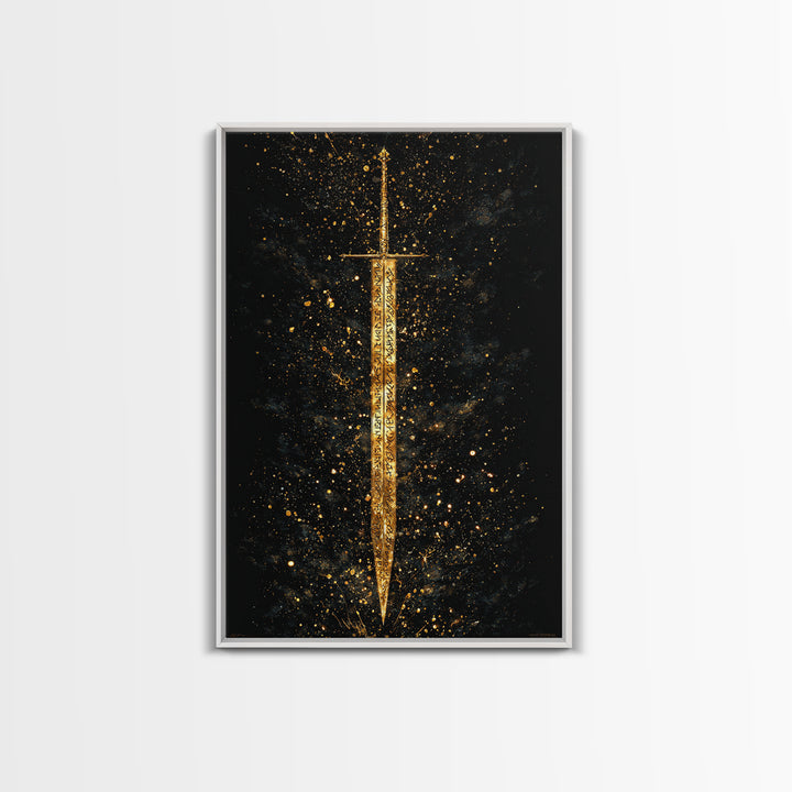 Runic Viking Sword Canvas Gold Art Canvas Art | Norse Mythology Weapon Wall Art Pagan Symbol Decor | Natural Wood Frame Included