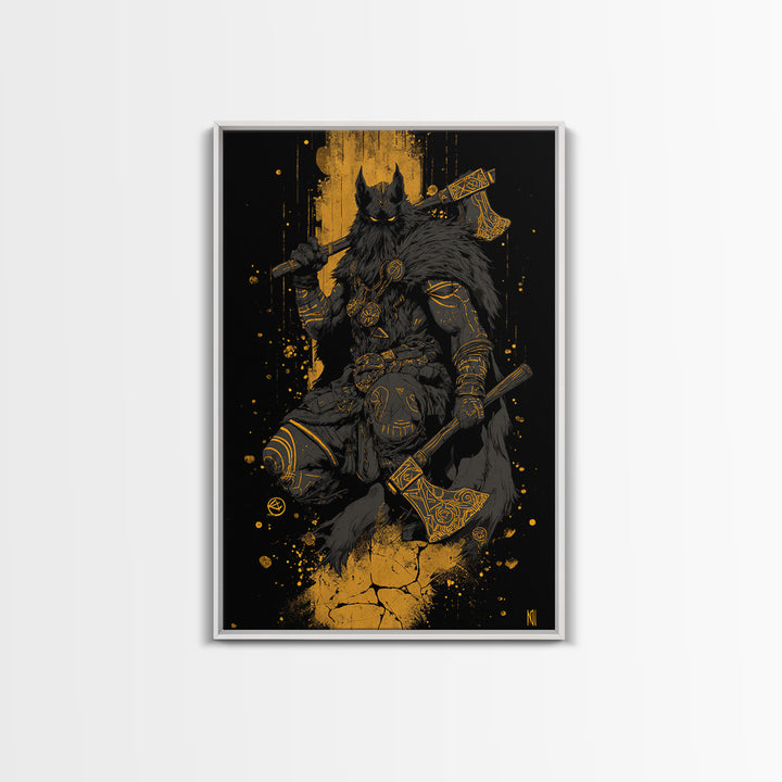 Odin’s Wolf Warrior Canvas Gold Art Canvas Art | Nordic Viking God Wall Decor for Man Cave or Office | Set in Solid Wood Frame