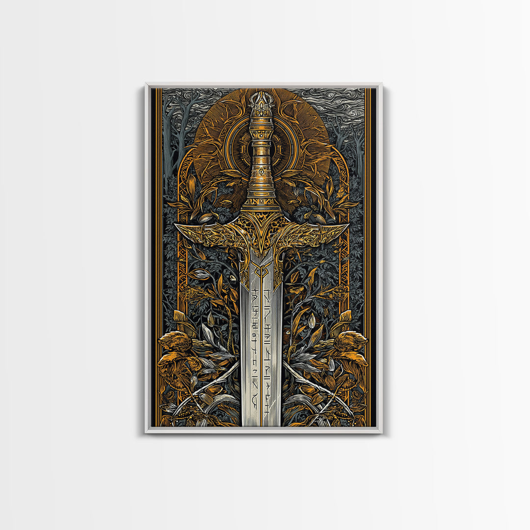 Nordic Forest Sword Canvas Gold Art Canvas Art | Viking Mythology Decor Pagan Warrior Weapon Wall Art | Mounted with Wood Frame