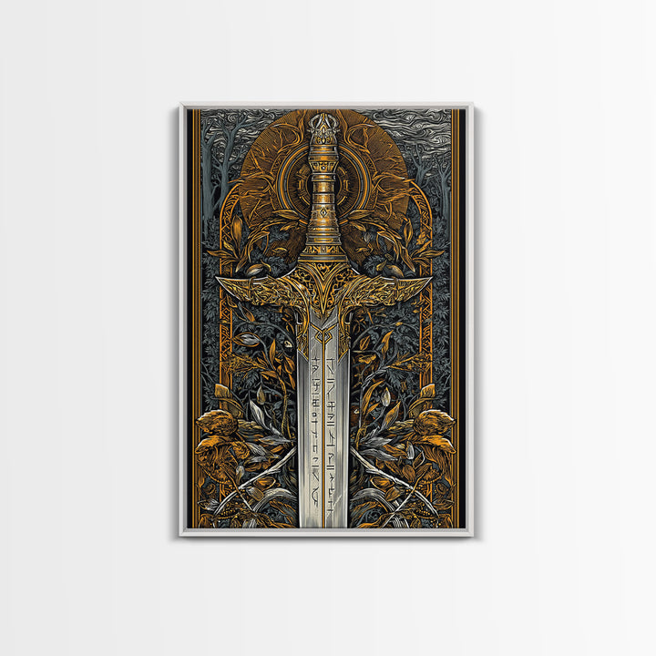 Nordic Forest Sword Canvas Gold Art Canvas Art | Viking Mythology Decor Pagan Warrior Weapon Wall Art | Mounted with Wood Frame