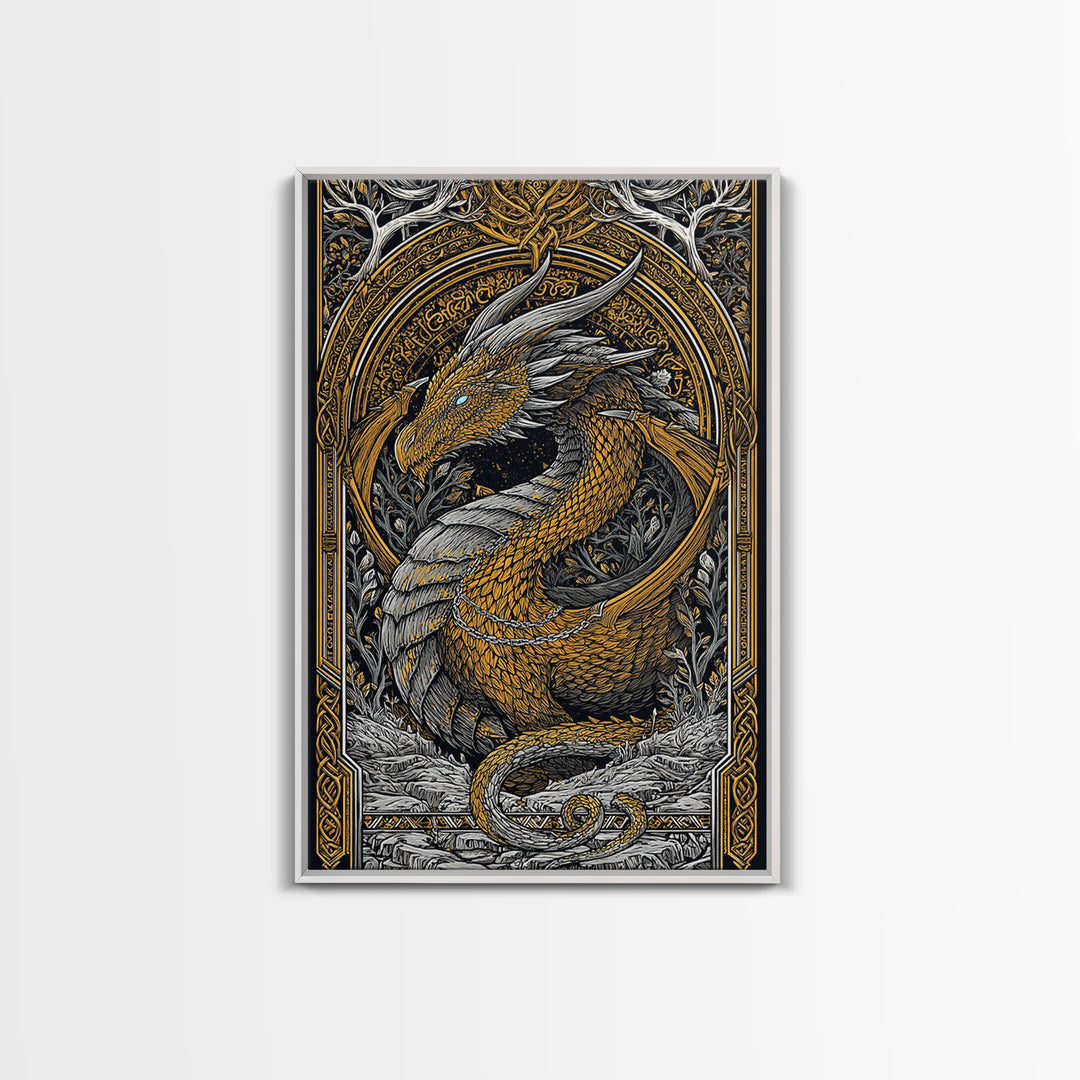Nordic Dragon Canvas Gold Art Canvas Art | Viking Mythology Wall Decor for Dad Gift or Office Art | With Natural Wood Frame