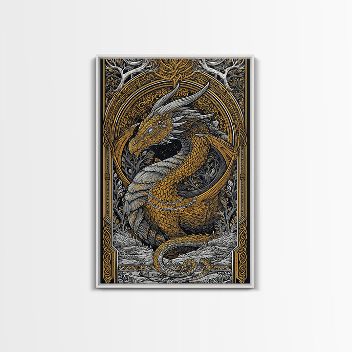 Nordic Dragon Canvas Gold Art Canvas Art | Viking Mythology Wall Decor for Dad Gift or Office Art | With Natural Wood Frame