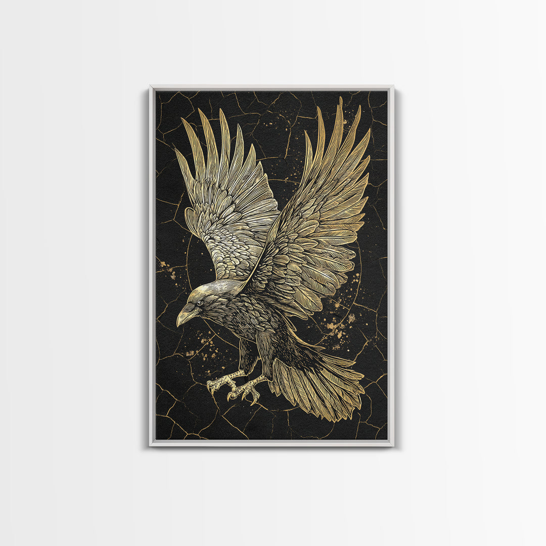 Odin’s Raven Canvas Gold Art Canvas Art | Viking Mythology Wall Decor for Office or Dad Gift | Framed with Solid Wood