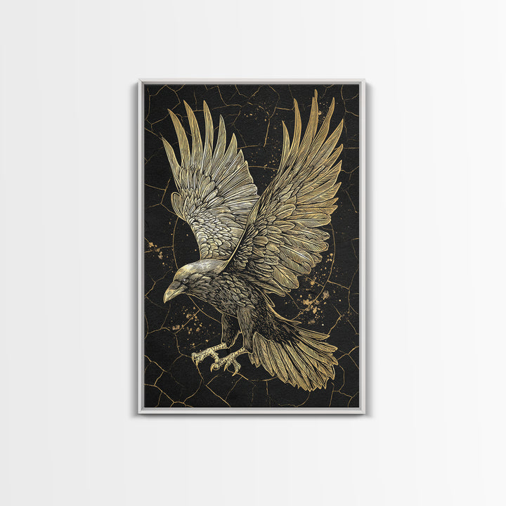 Odin’s Raven Canvas Gold Art Canvas Art | Viking Mythology Wall Decor for Office or Dad Gift | Framed with Solid Wood