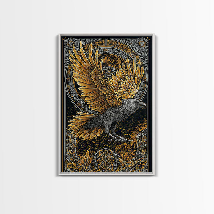 Huginn and Muninn Raven Canvas Gold Art Canvas Art | Norse Mythology Wall Hanging for Man Cave Decor | Real Wood Frame Included