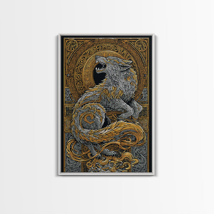 Fenrir Wolf Canvas Gold Art Canvas Art | Norse Mythology Viking Wolf Wall Decor for Dad Gift or Office Art | Real Wood Frame