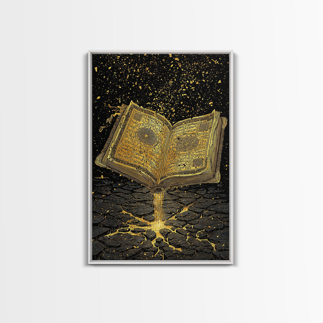 Nordic Spellbook Canvas Gold Art Canvas Art | Viking Runes Mythology Wall Decor for Man Cave or Office | Framed with Wood